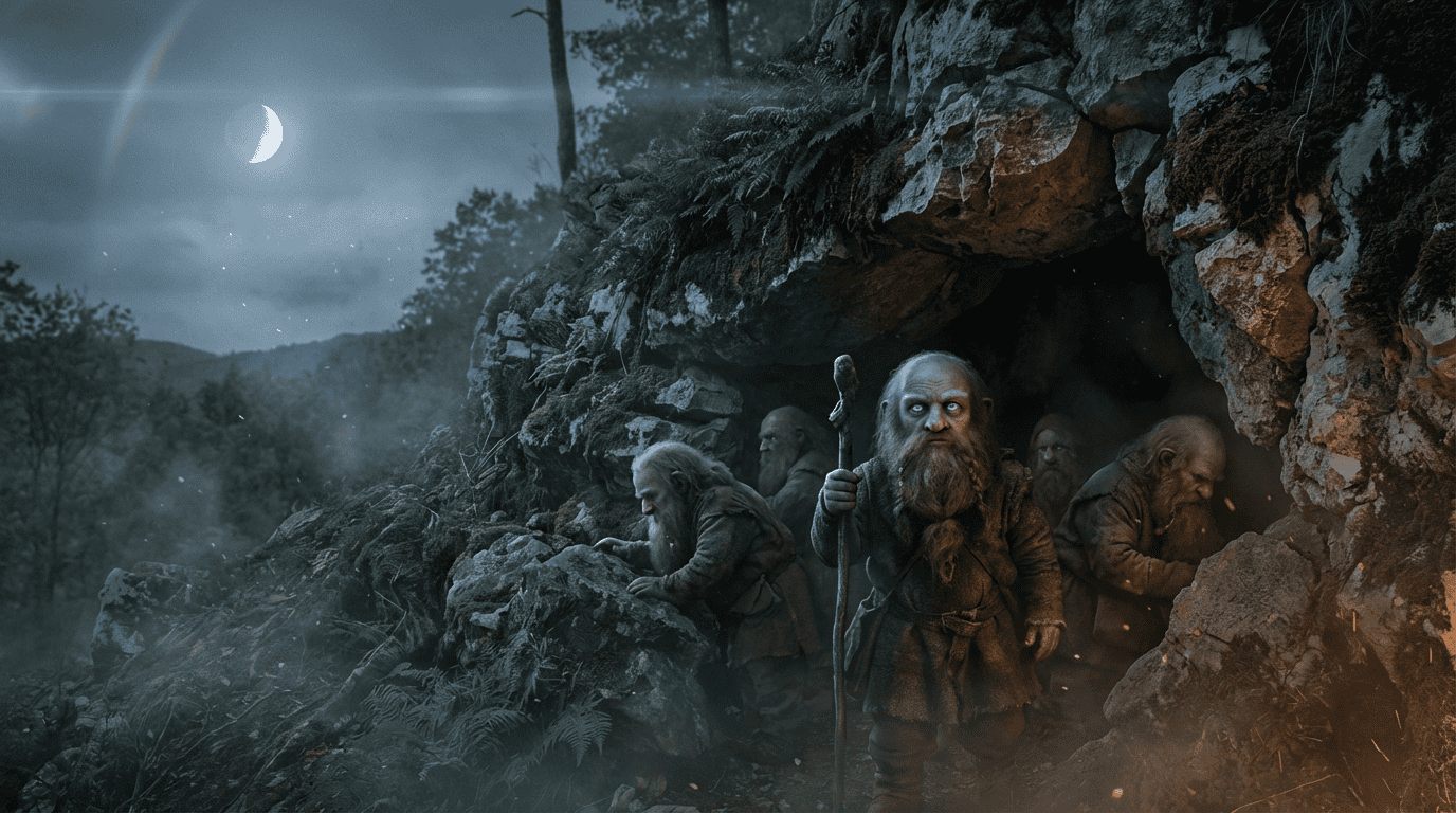 The Mystery of the Moon-Eyed People in Appalachian Folklore Moon-eyed people, small and pale with beards, at cave mouth. Central figure with large, luminous blue eyes.