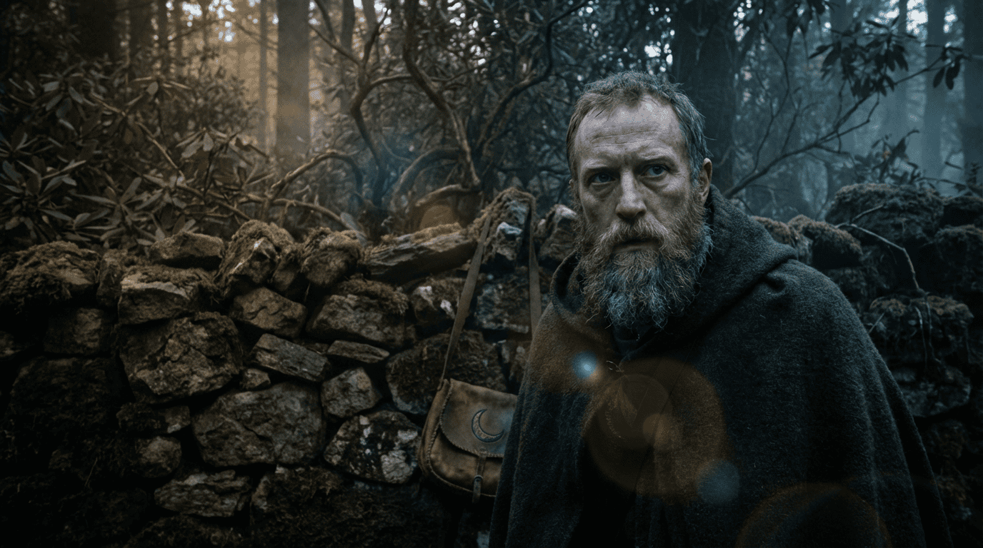 The Mystery of the Moon-Eyed People in Appalachian Folklore Pale, bearded Moon-eyed man with blue eyes guards mossy stone fort in misty Appalachian forest.