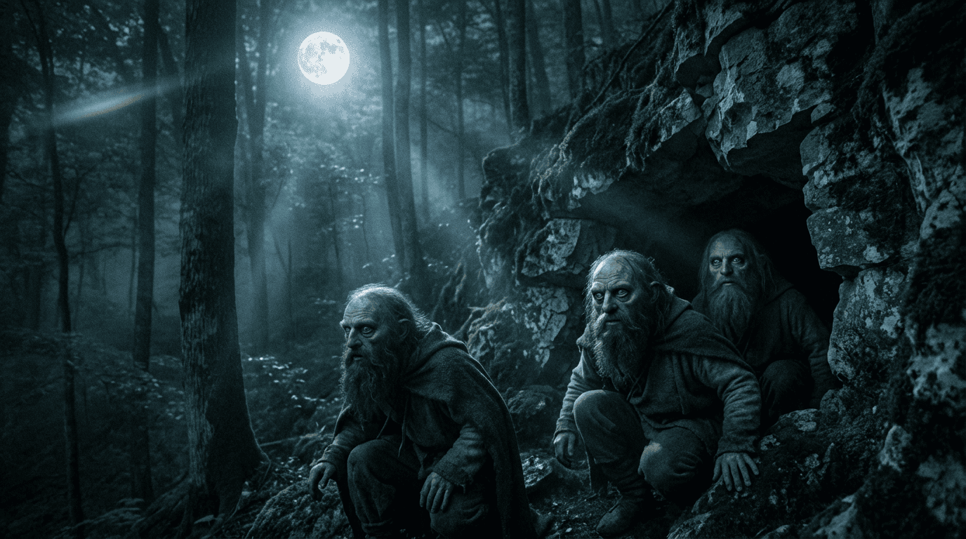 The Mystery of the Moon-Eyed People in Appalachian Folklore Moon-eyed people, pale with large blue eyes, emerge from a dark Appalachian cave under a dramatic full moon.