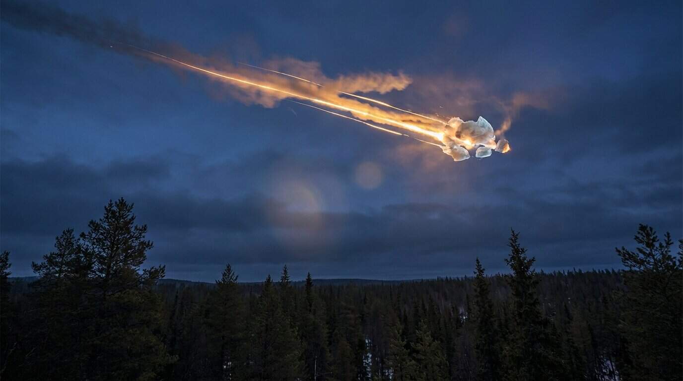 Unraveling The Tunguska Event Cause In The Siberian Wilderness Ghostly comet vaporizing into amber steam and light above Siberian taiga, illuminating deep forest greens. Intense friction.